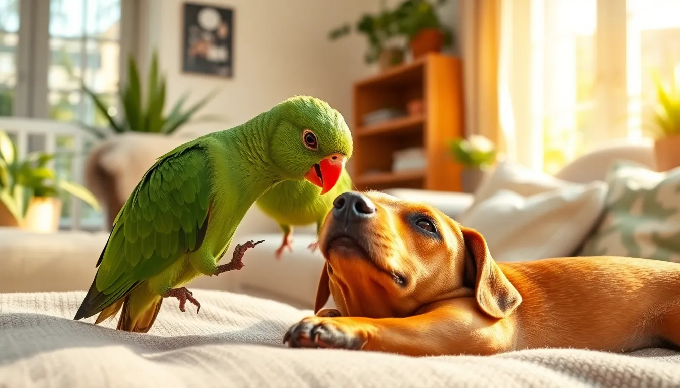 Quaker Parrot Grooming Her Pet Dachshund Is So Full of Love