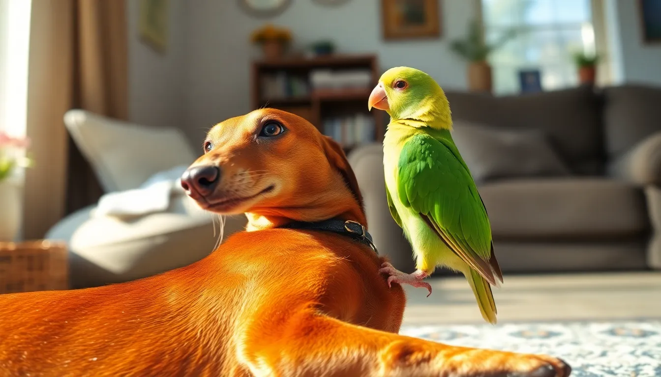Quaker Parrot Grooming Her Pet Dachshund Is So Full of Love
