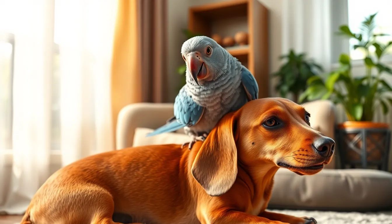 Quaker Parrot Grooming Her Pet Dachshund Is So Full of Love