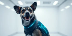 Smart dog vest with health monitoring features.png AI generated image using Flux AI
