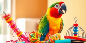 best toys for preventing parrot feather plucking.png AI generated image using Flux AI